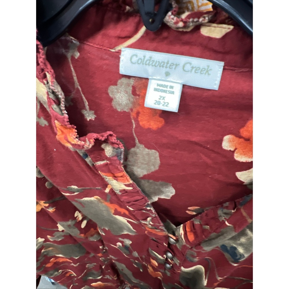 Coldwater Creek Womens 2X Rust Red Floral Ruffle Neck Roll Tab Sleeve Blouse Top - Picture 2 of 9